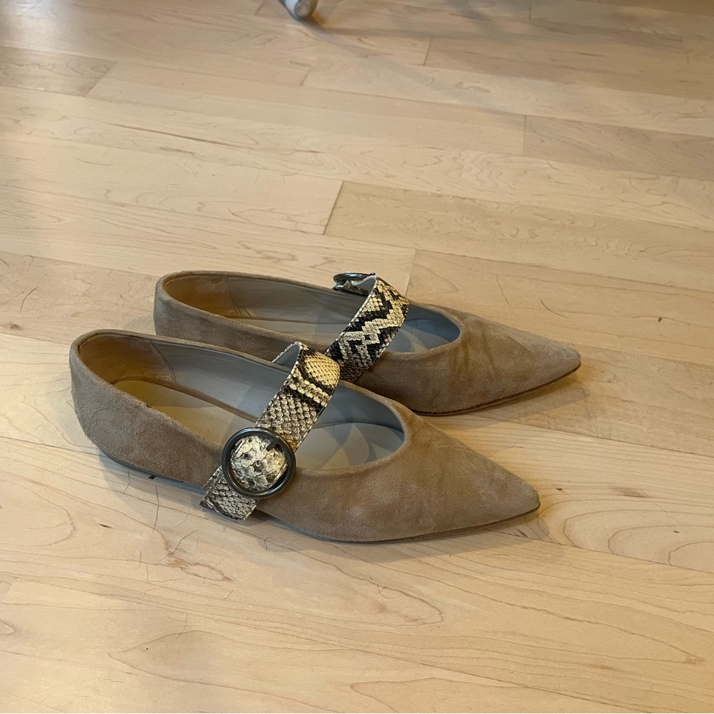 Freda Salvador Tan Flats with Snake Print Strap